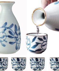 Japanese Sake Blue Flower 1 pot and 4 cups Set C Golden Turtle