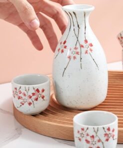 Japanese Sake Red Flowers 1 pot and 4 cups Set A Golden Turtle